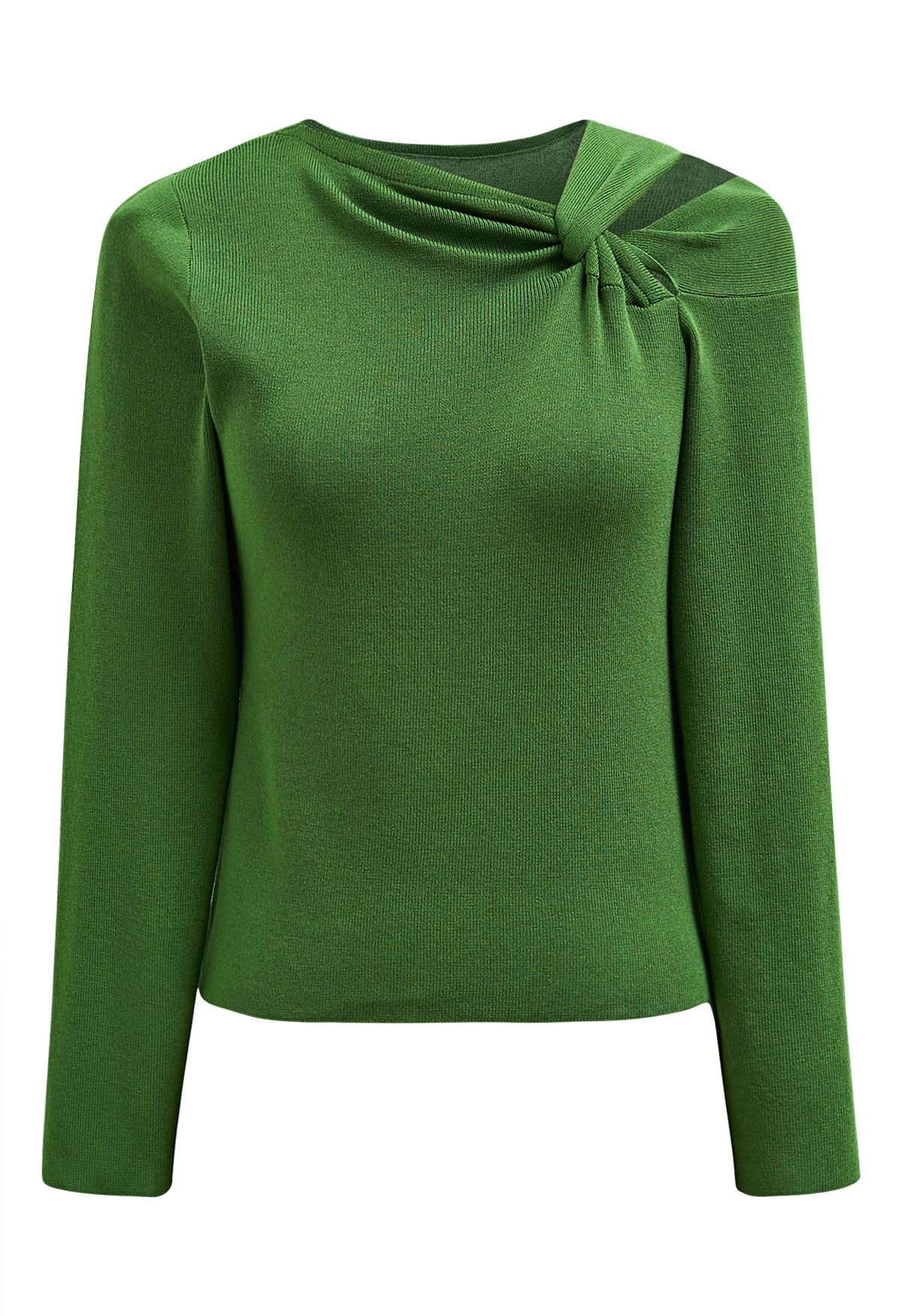 Knotted Shoulder Cutout Long-Sleeve Knit Top in Green