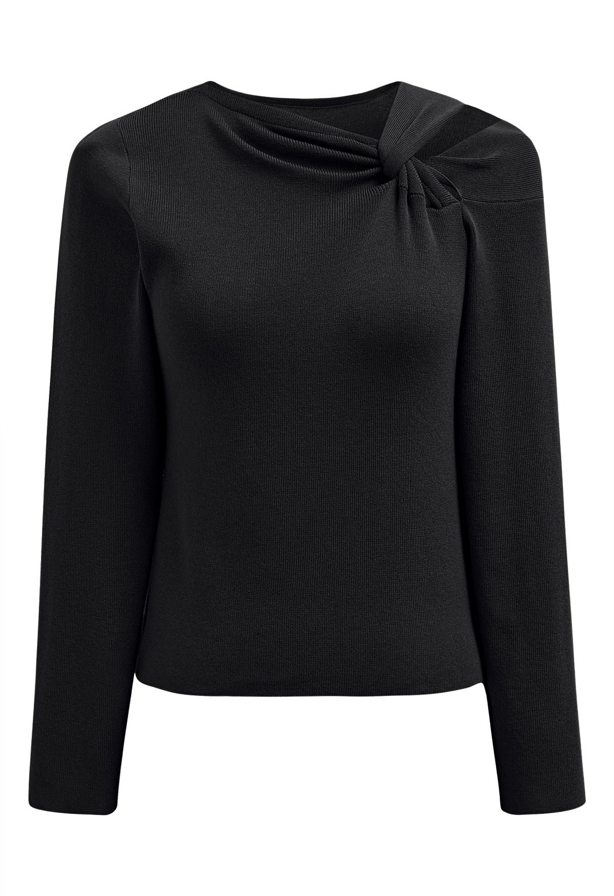 Knotted Shoulder Cutout Long-Sleeve Knit Top in Black