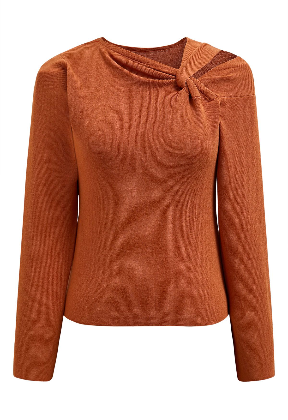 Knotted Shoulder Cutout Long-Sleeve Knit Top in Pumpkin