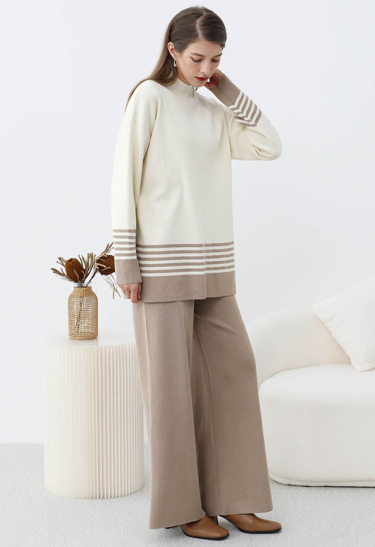 Two-Tone Striped Mock Neck Knit Sweater and Pants Set in Taupe