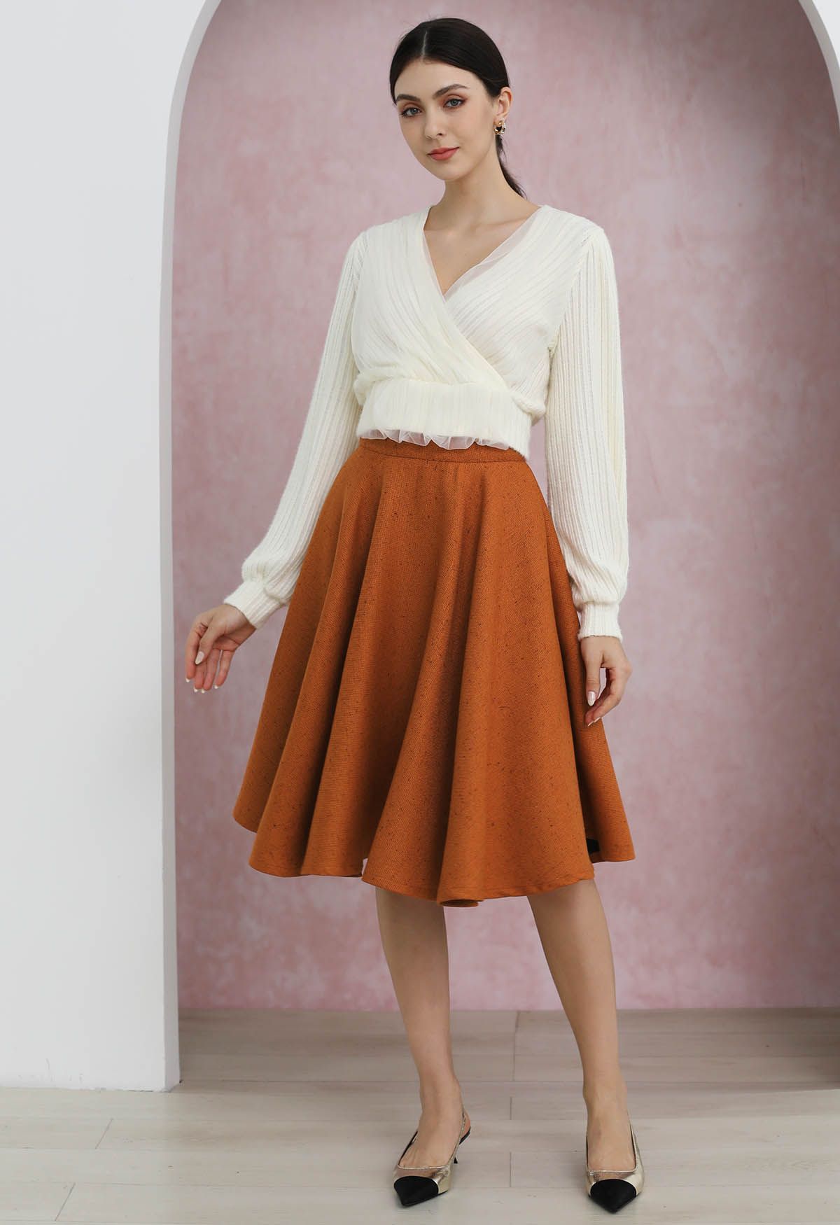 Autumn Edit Soft Tweed Flare Midi Skirt in Pumpkin