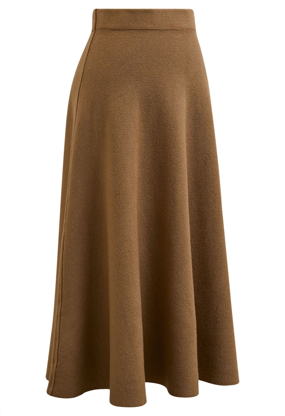 Solid Color A Line Knit Midi Skirt in Camel Retro Indie and Unique Fashion