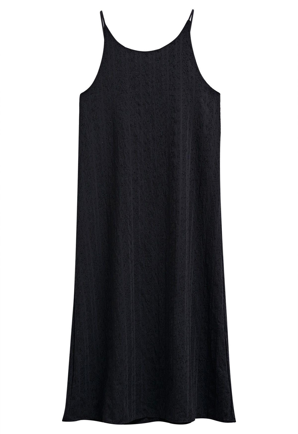 Wondrous Embossed Texture Tie-Strap Midi Dress in Black