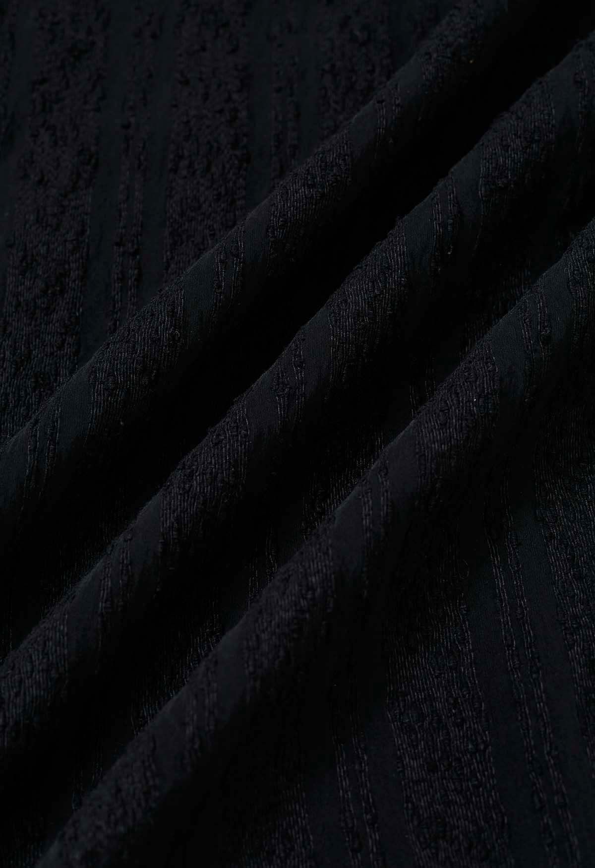 Wondrous Embossed Texture Tie-Strap Midi Dress in Black