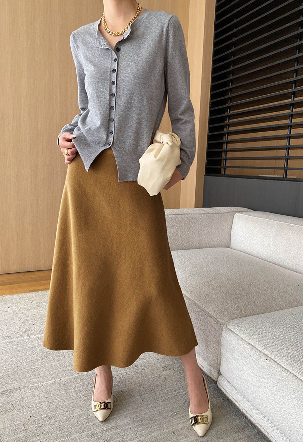 Solid Color A-Line Knit Midi Skirt in Camel