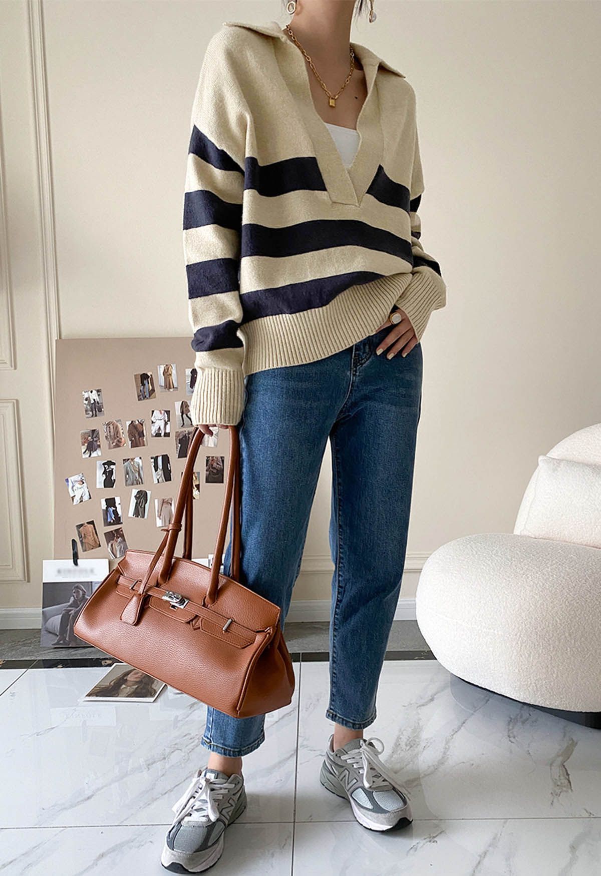 Casual Stripe V-Neck Knit Sweater