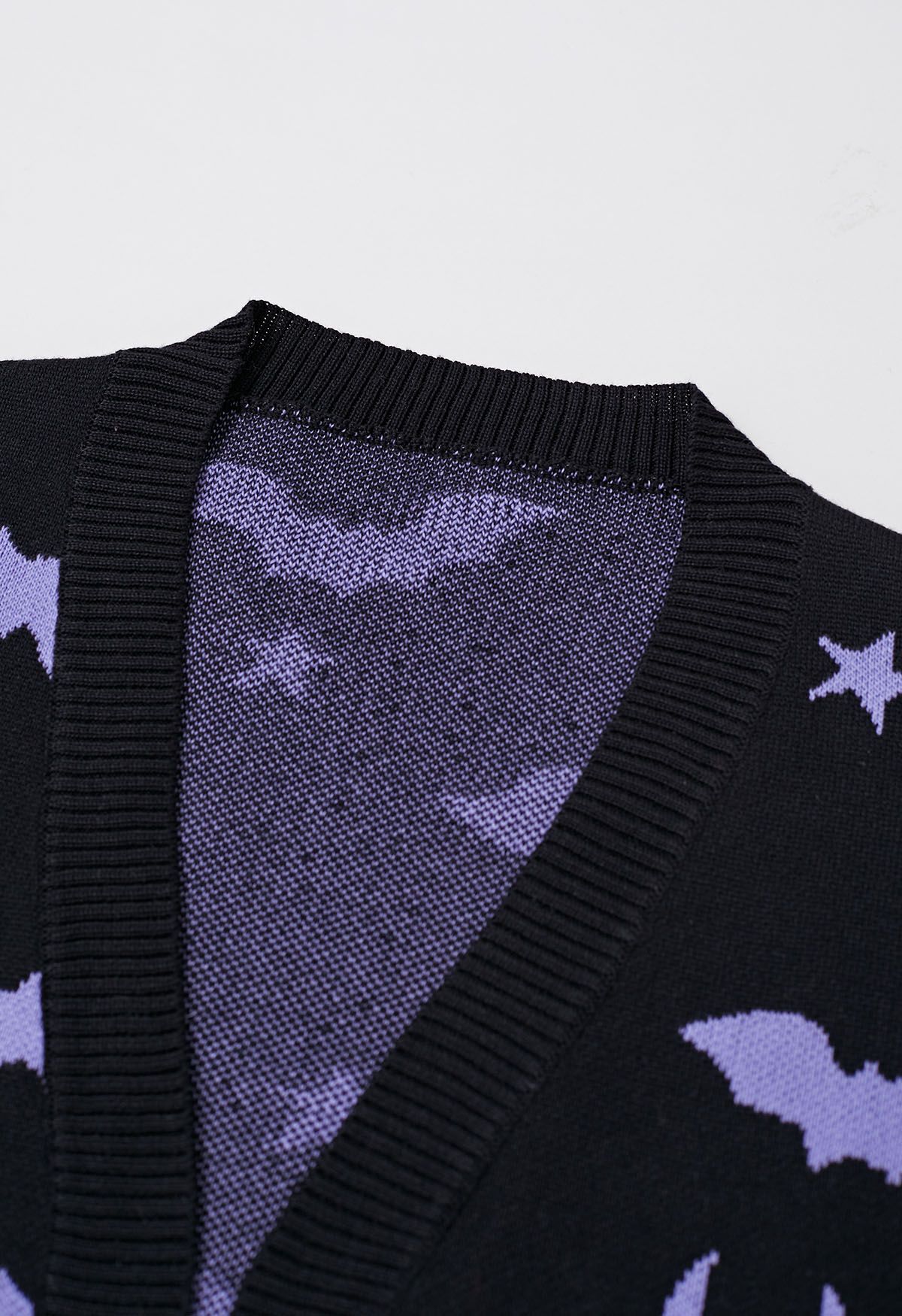 Moonlit Bats and Stars Open Front Knit Cardigan in Black