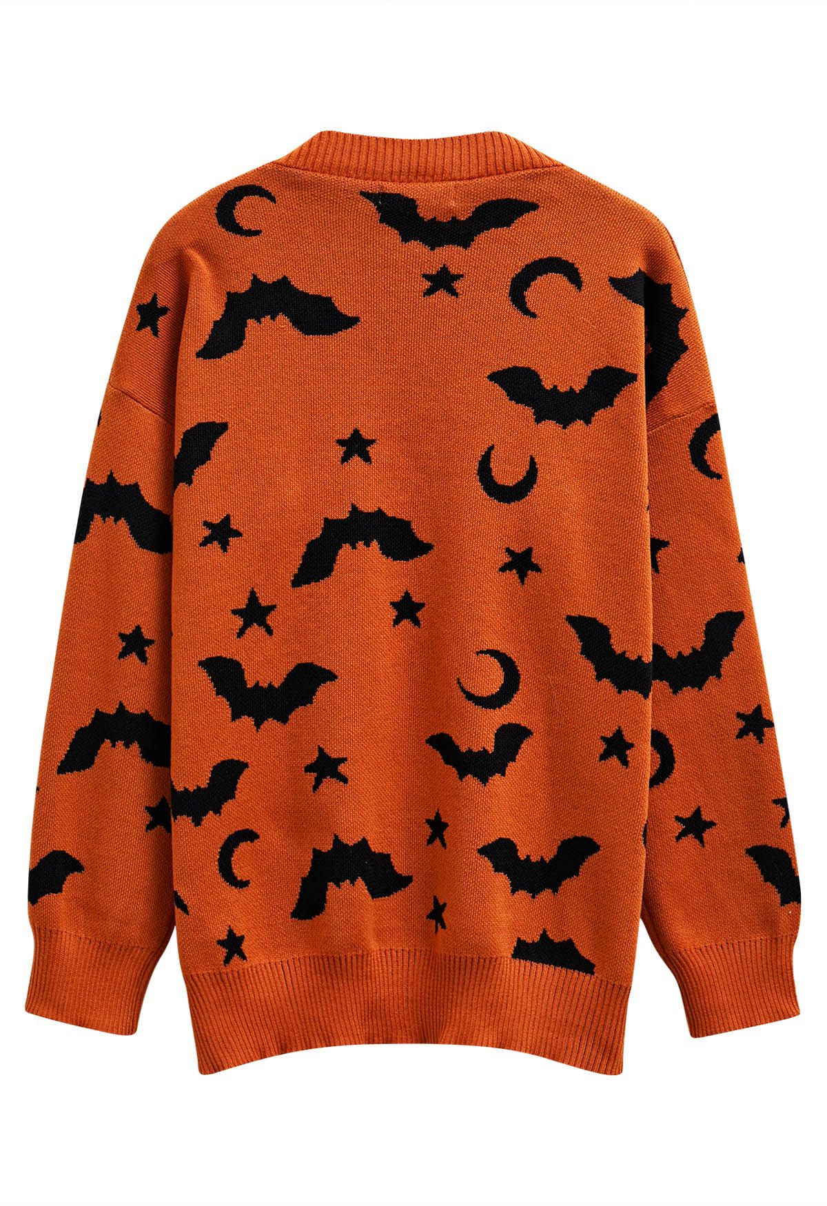 Moonlit Bats and Stars Open Front Knit Cardigan in Pumpkin