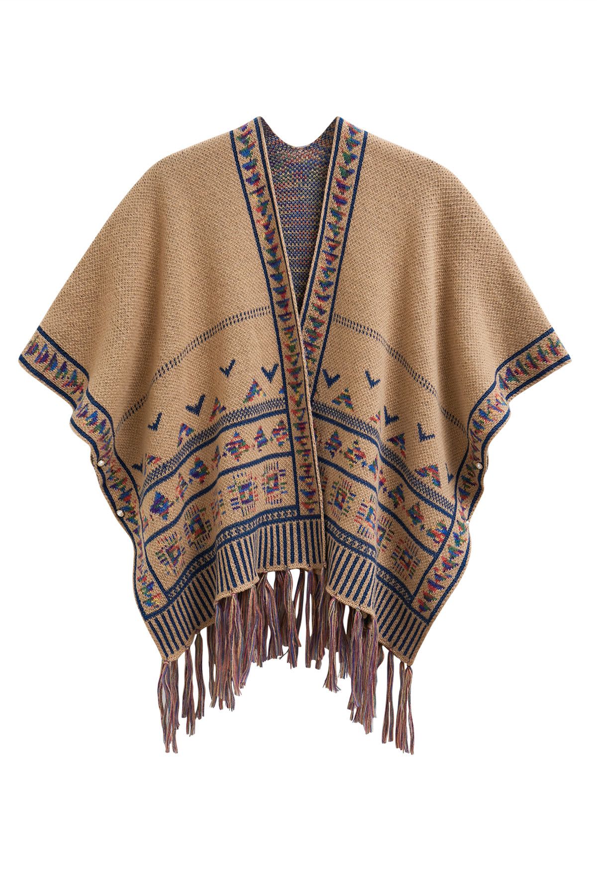 Boho Wanderer Fringed Knit Poncho in Camel