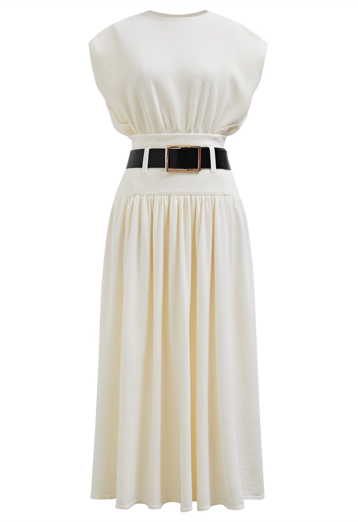 Gentle Knit Top and Belted High Waist Skirt Set in Cream