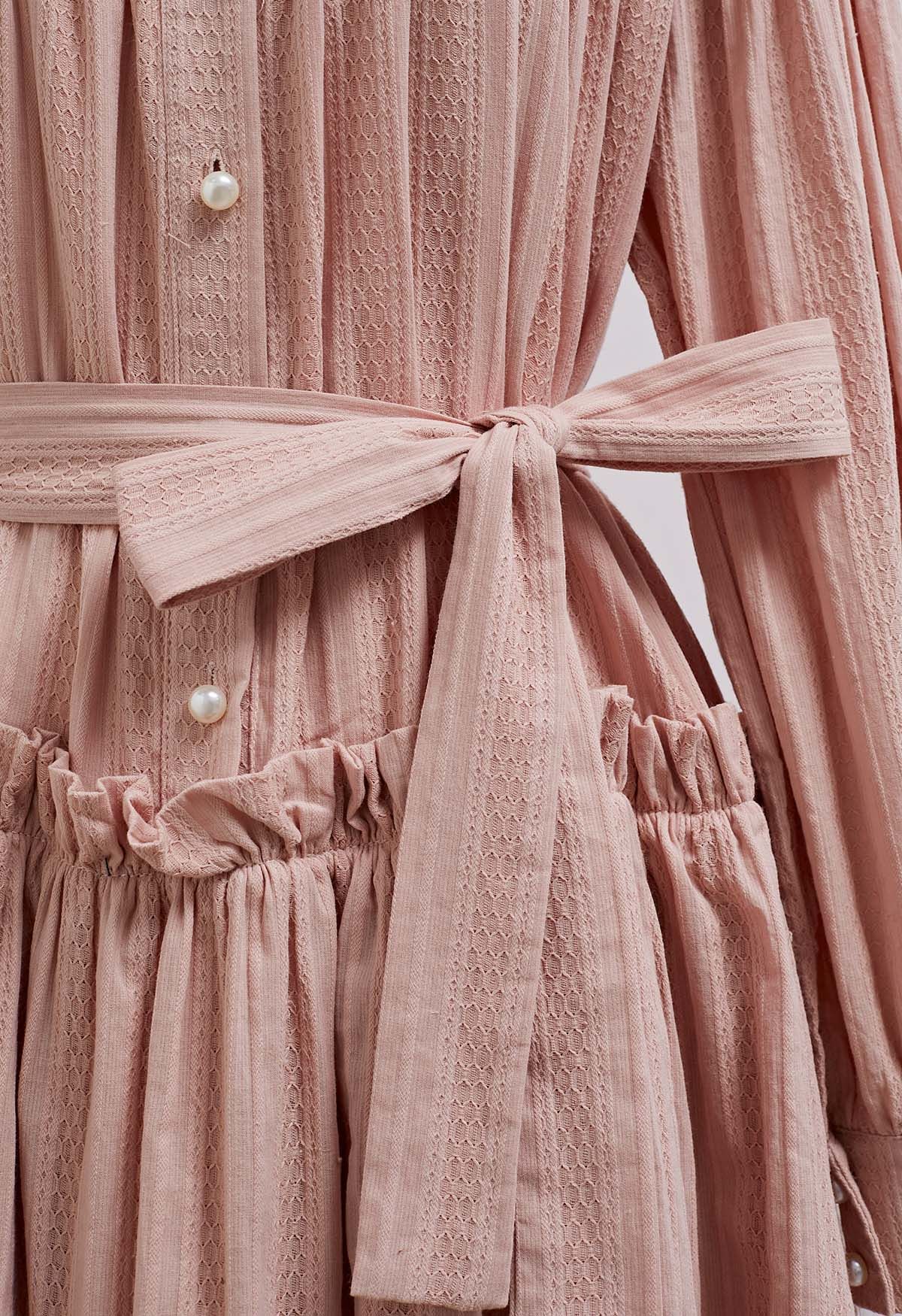 Ruffles Tiered Buttoned Belted Dolly Dress in Pink