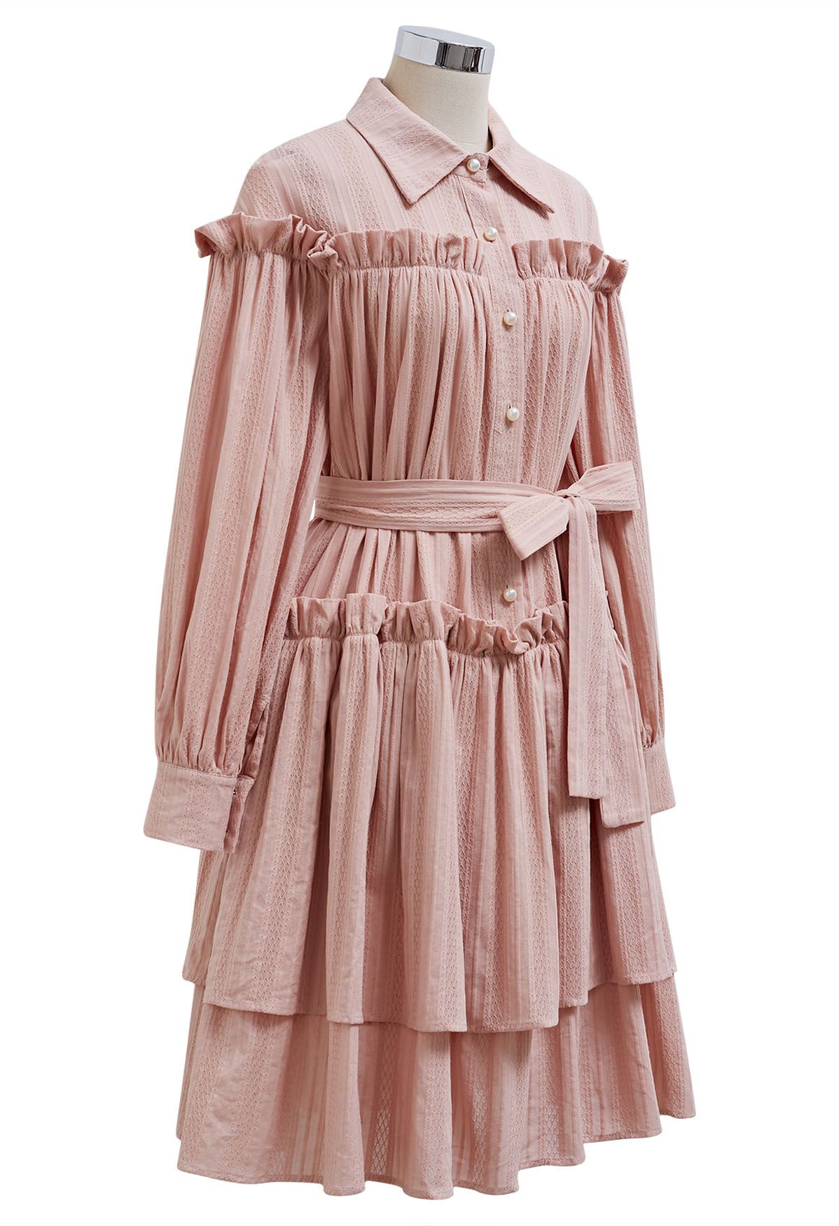 Ruffles Tiered Buttoned Belted Dolly Dress in Pink