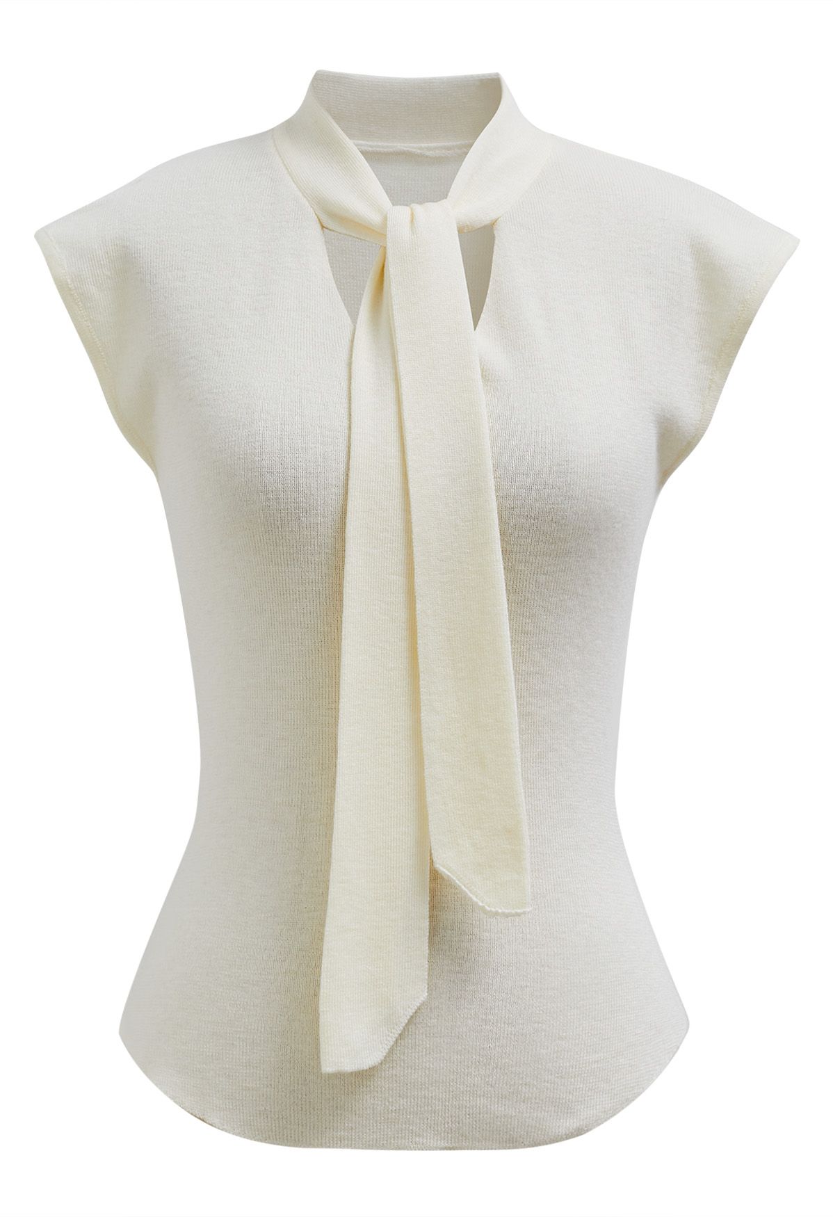 Ribbon-Tied Neckline Cap Sleeve Knit Top in Cream