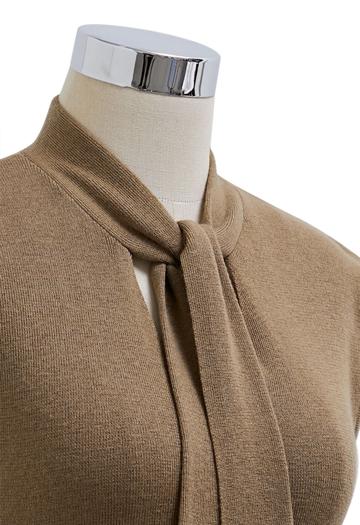 Ribbon-Tied Neckline Cap Sleeve Knit Top in Tan