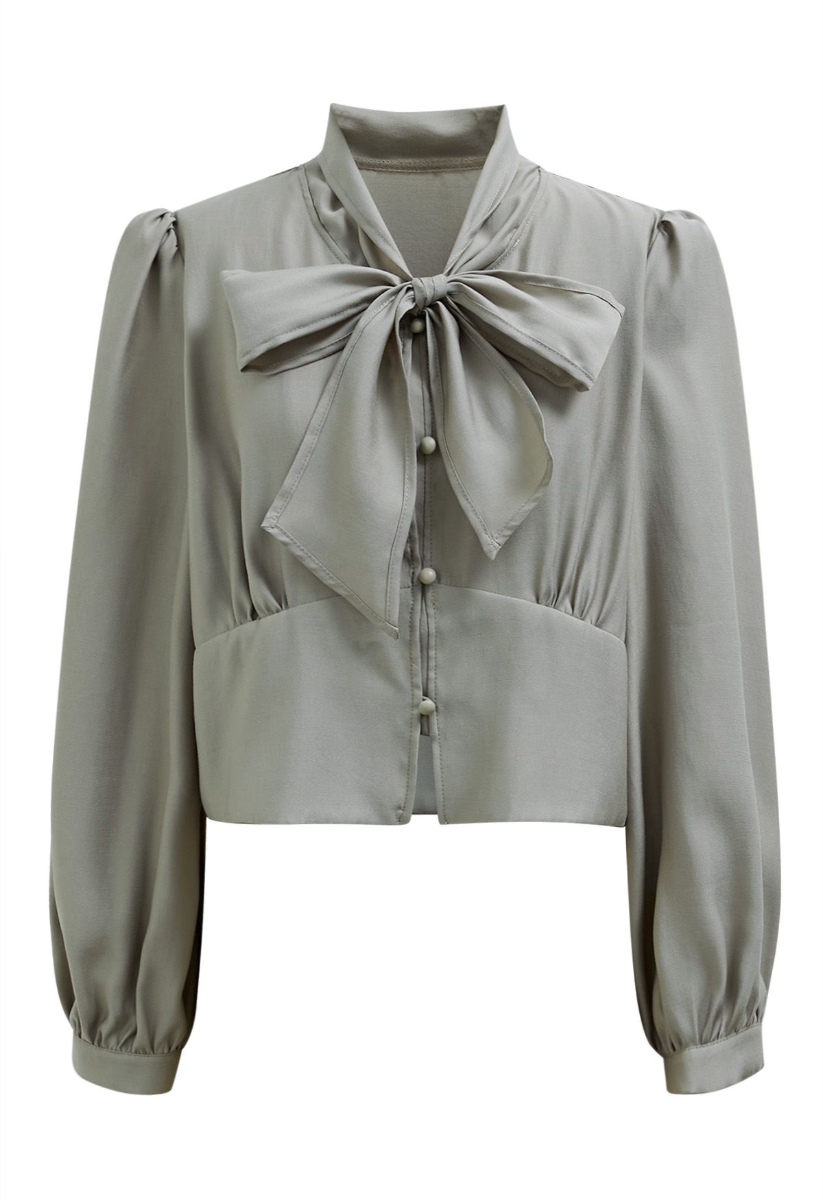 Bowknot Neck Buttoned Crop Shirt in Sage