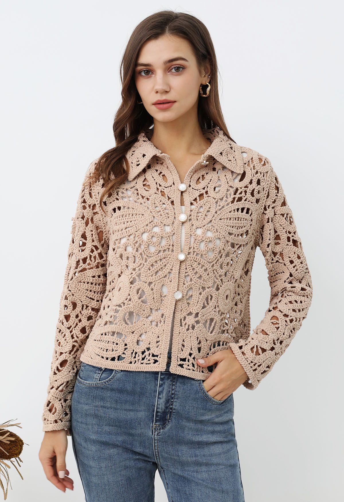 Floral Cutwork Crochet Pearly Buttoned Top