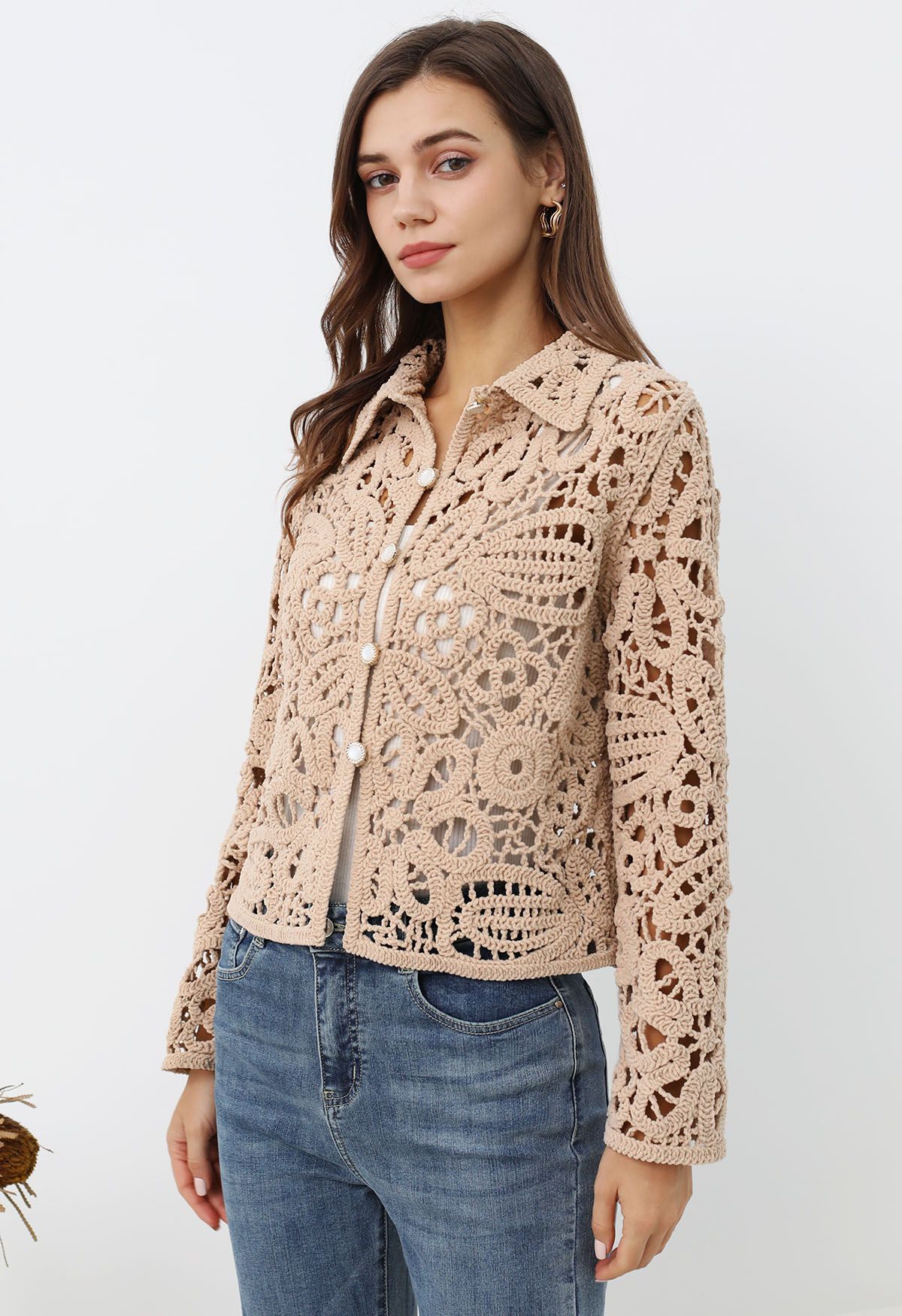 Floral Cutwork Crochet Pearly Buttoned Top