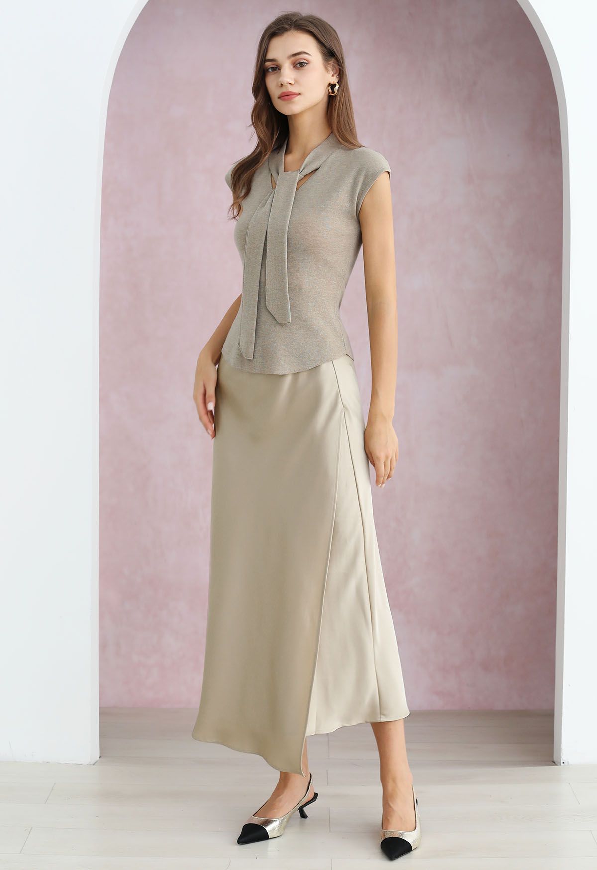 Satin Elegance Front Flap Maxi Skirt in Sand