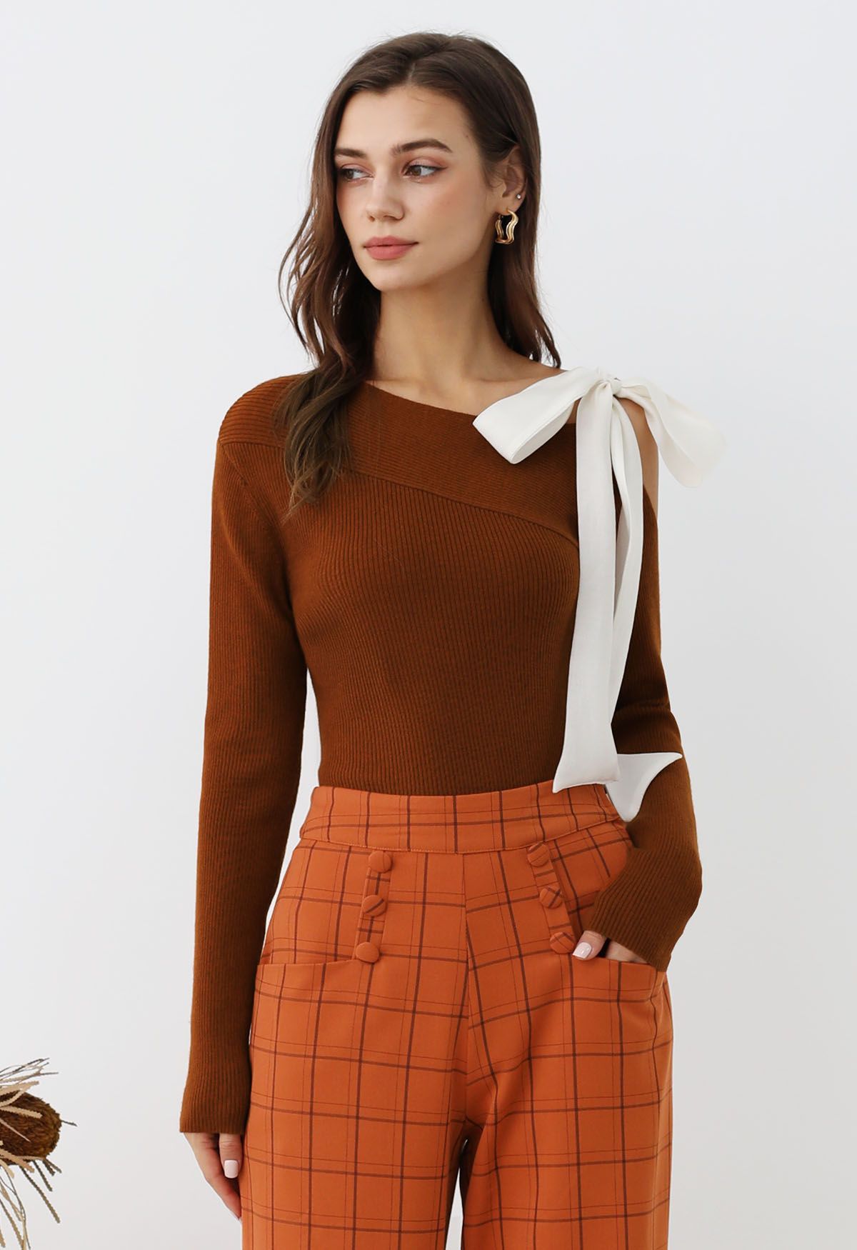 Sheer Tie-Strap One Shoulder Knit Top in Pumpkin