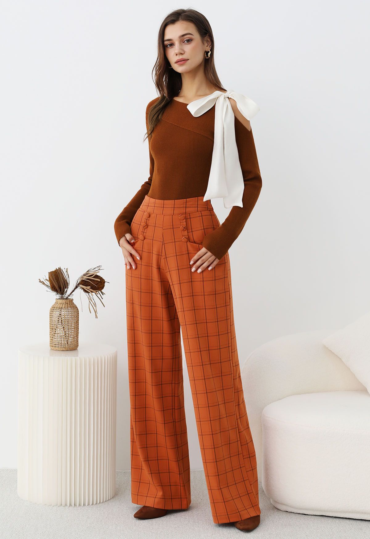 Sheer Tie-Strap One Shoulder Knit Top in Pumpkin