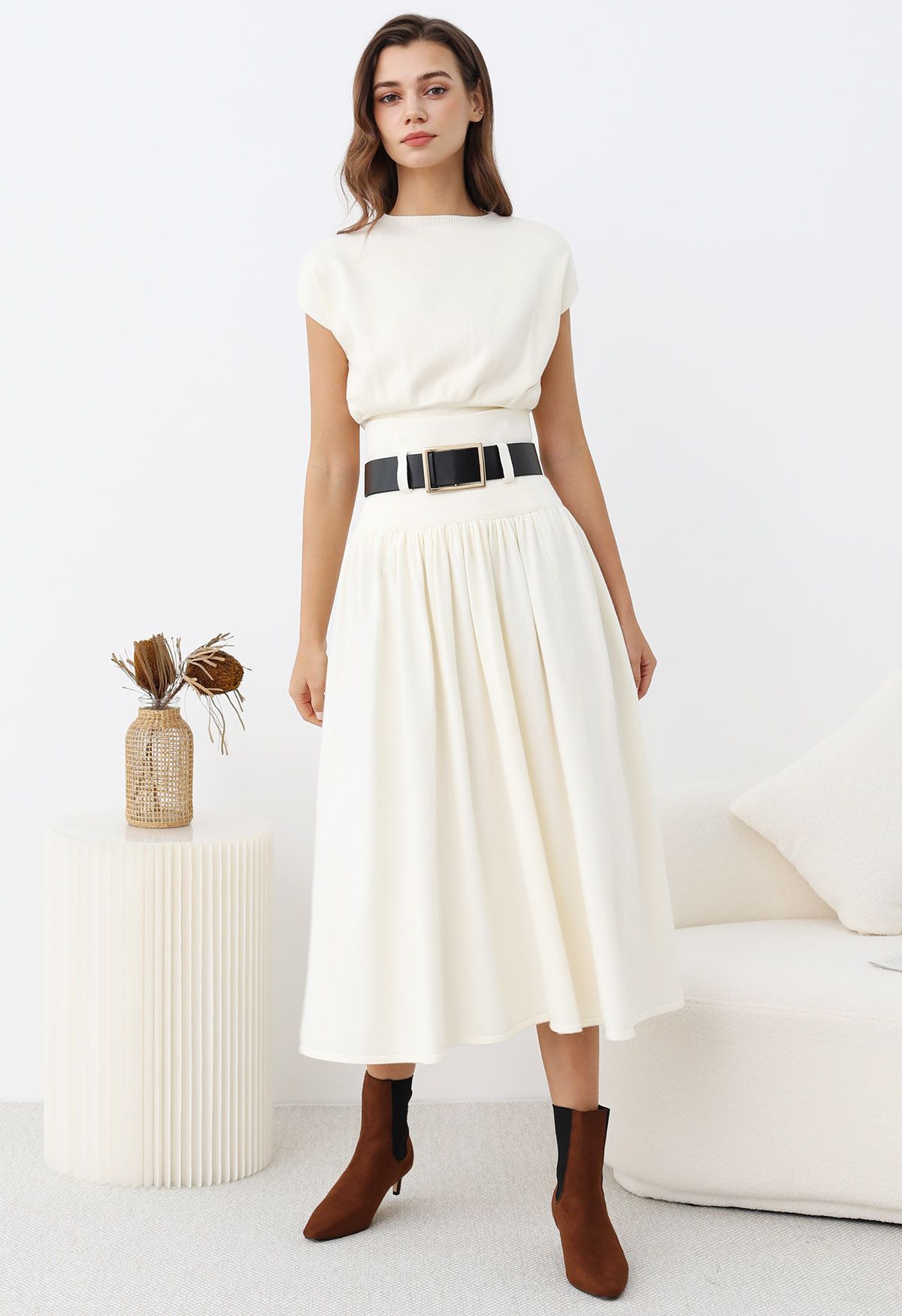 Gentle Knit Top and Belted High Waist Skirt Set in Cream Retro Indie and Unique Fashion