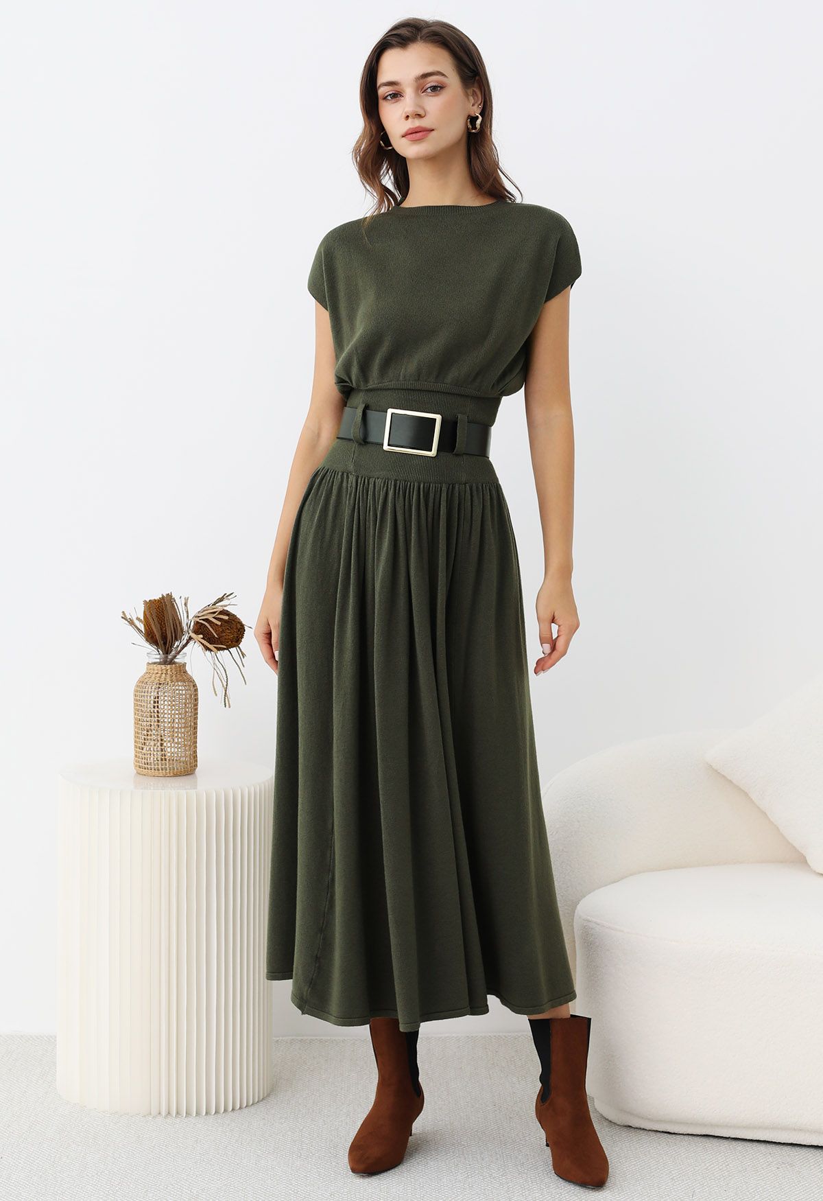 Gentle Knit Top and Belted High Waist Skirt Set in Army Green