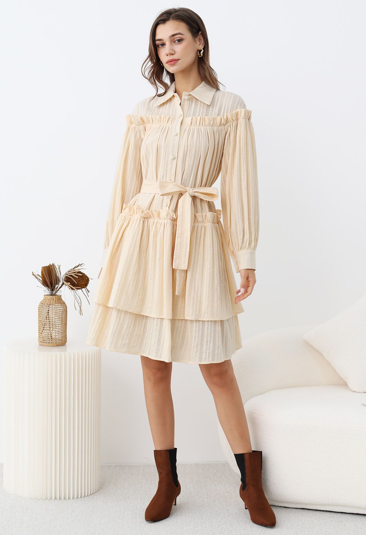 Ruffles Tiered Buttoned Belted Dolly Dress in Light Yellow