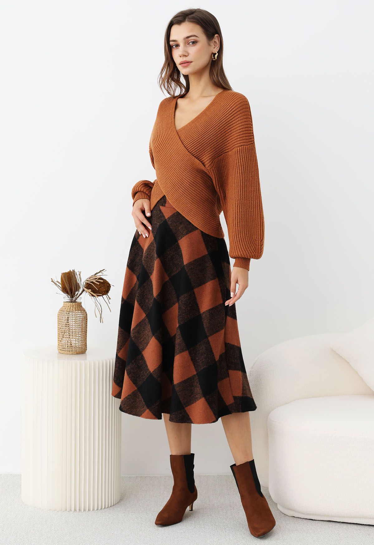 Rustic Fall Charm Check Flare Skirt