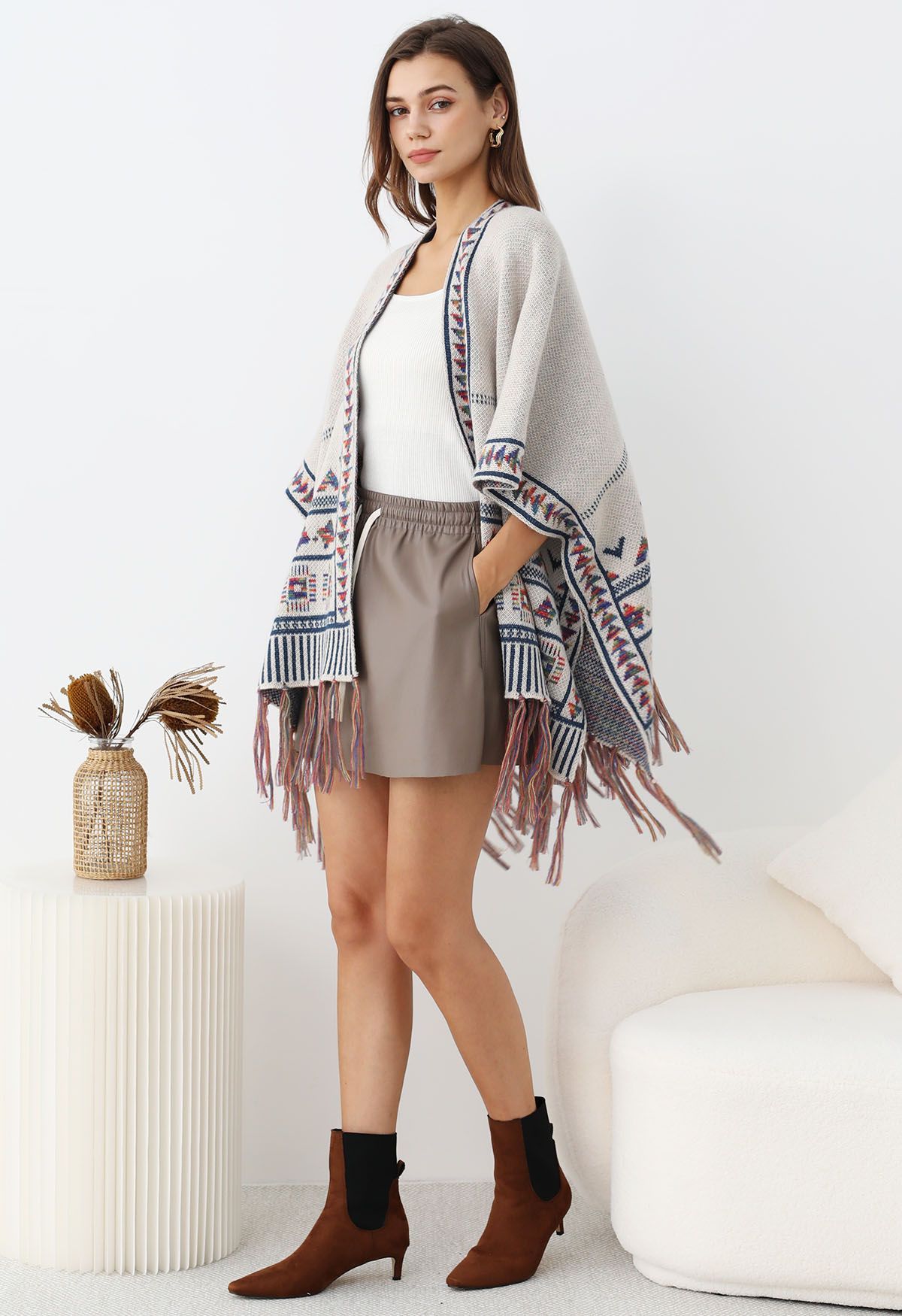 Boho Wanderer Fringed Knit Poncho in Ivory