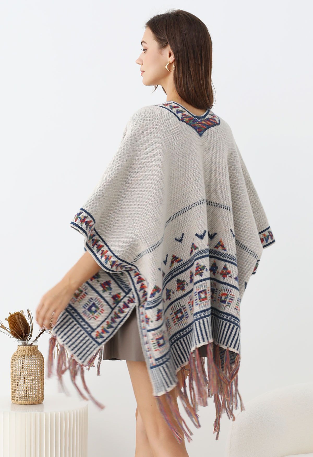 Boho Wanderer Fringed Knit Poncho in Ivory