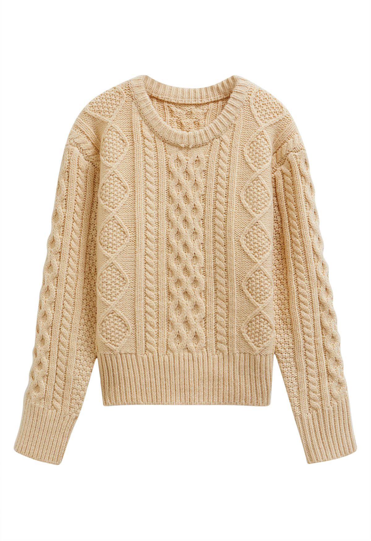 Hug-Me Cable Knit Crewneck Sweater in Light Yellow