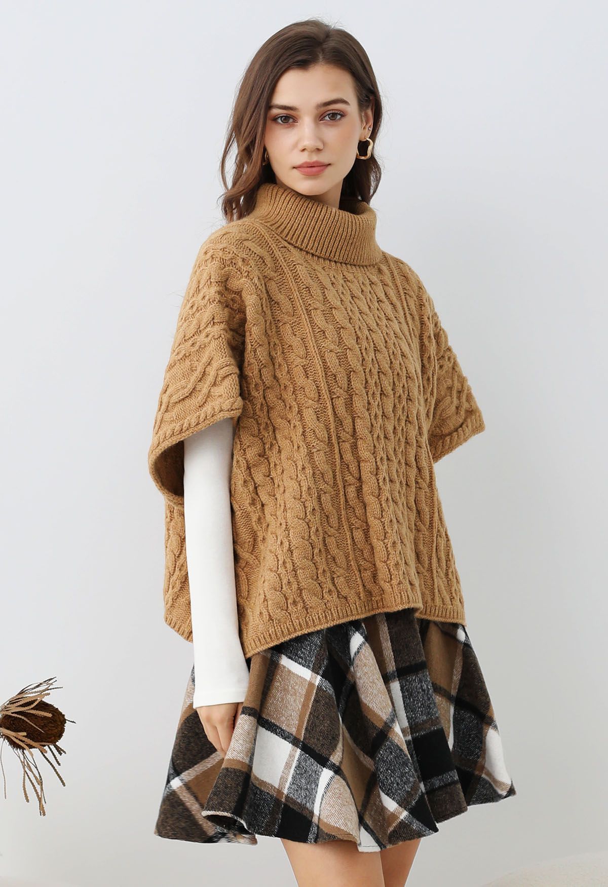 Warmth Turtleneck Cable Knit Cape Sweater in Camel