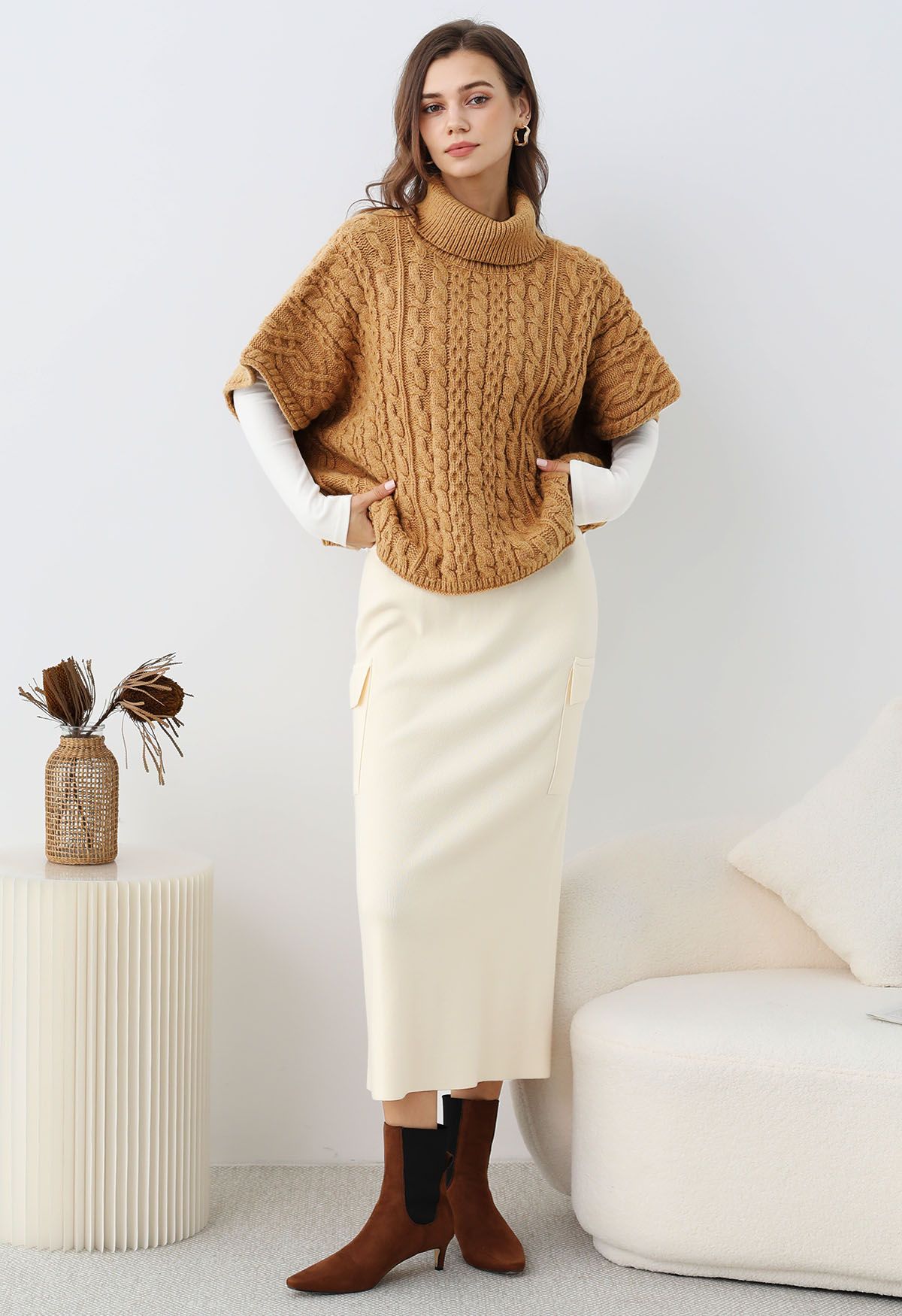 Fake Pocket Stylish Tie-Waist Knit Skirt in Cream