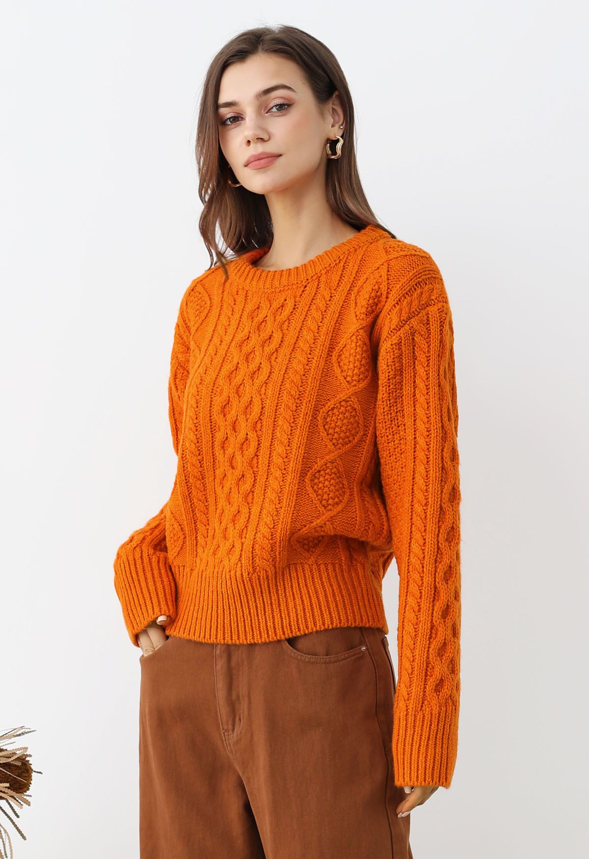 Hug-Me Cable Knit Crewneck Sweater in Pumpkin