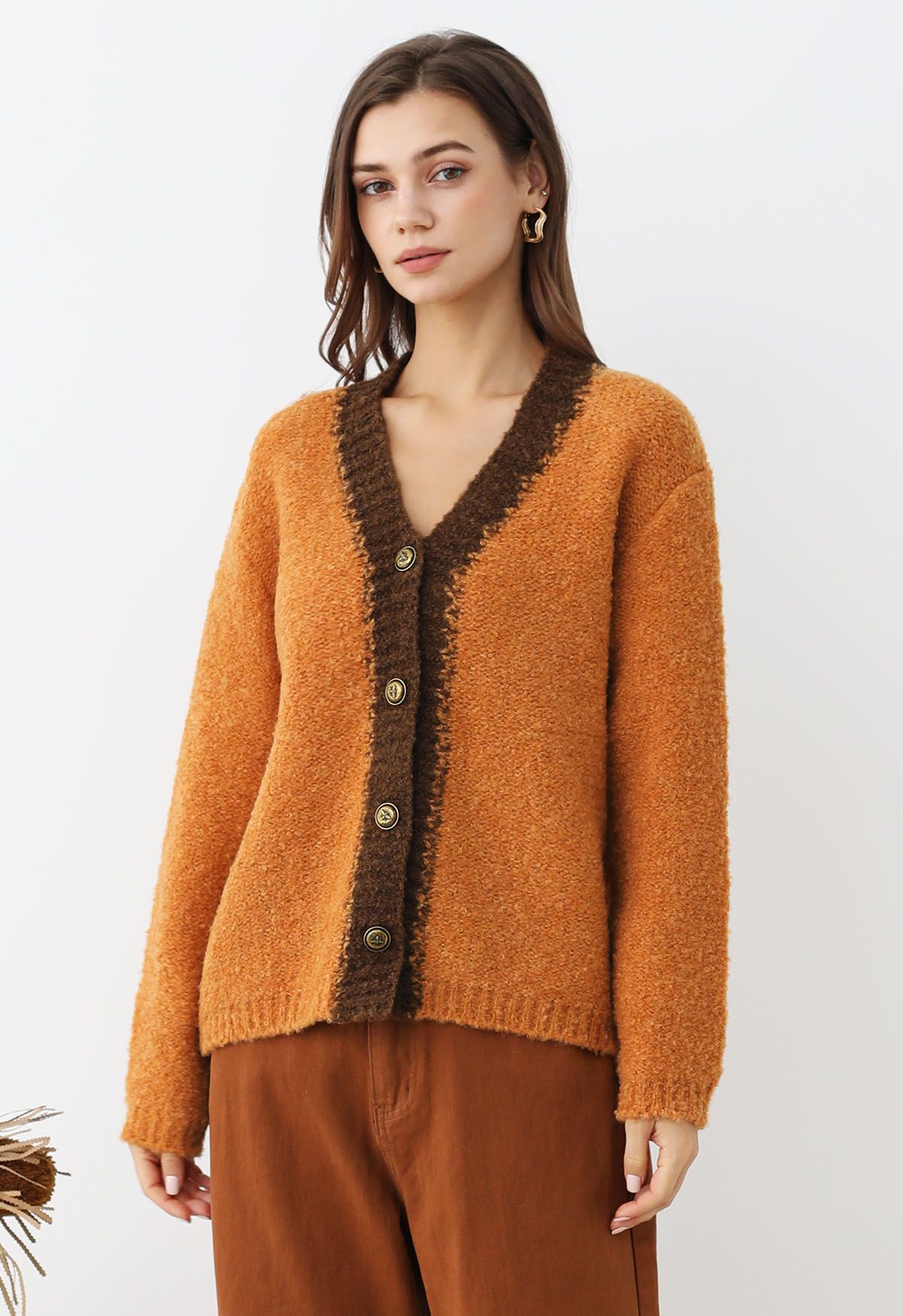 Contrast Trim Buttoned Fuzzy Knit Cardigan in Orange