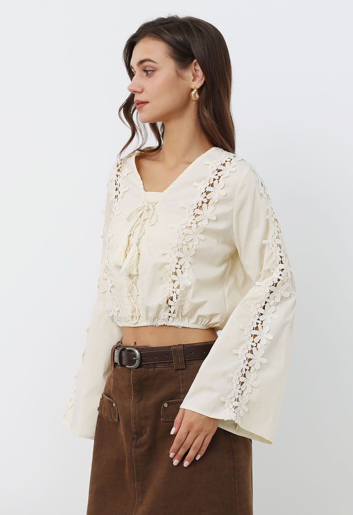 Swaying Flower Hollow Out Lace-Up Crop Top