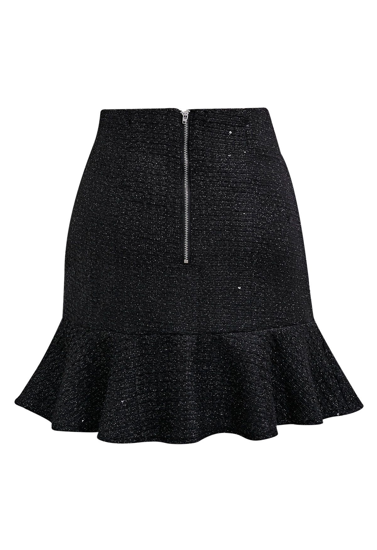 Glitter Sequin Flounce Hem Tweed Mini Skirt