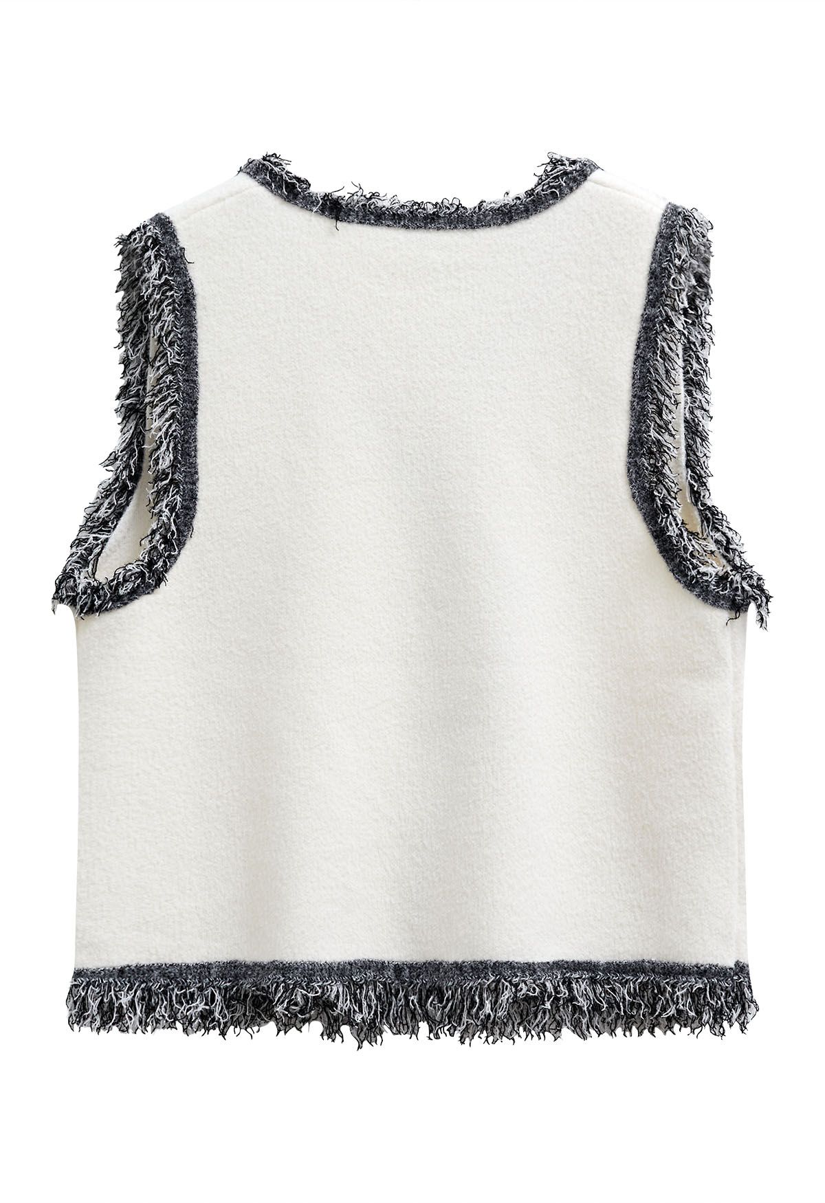 Fringe Edge Double-Breasted Knit Vest in White