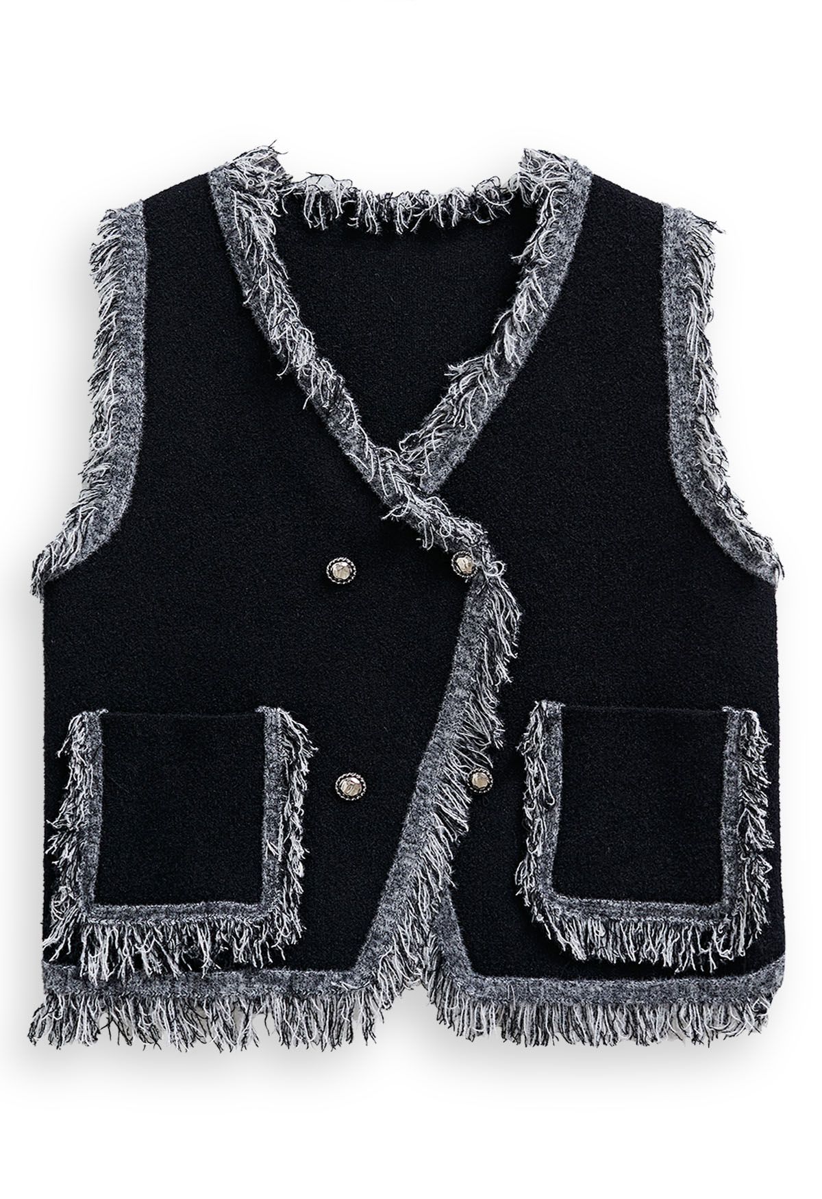 Fringe Edge Double-Breasted Knit Vest in Black