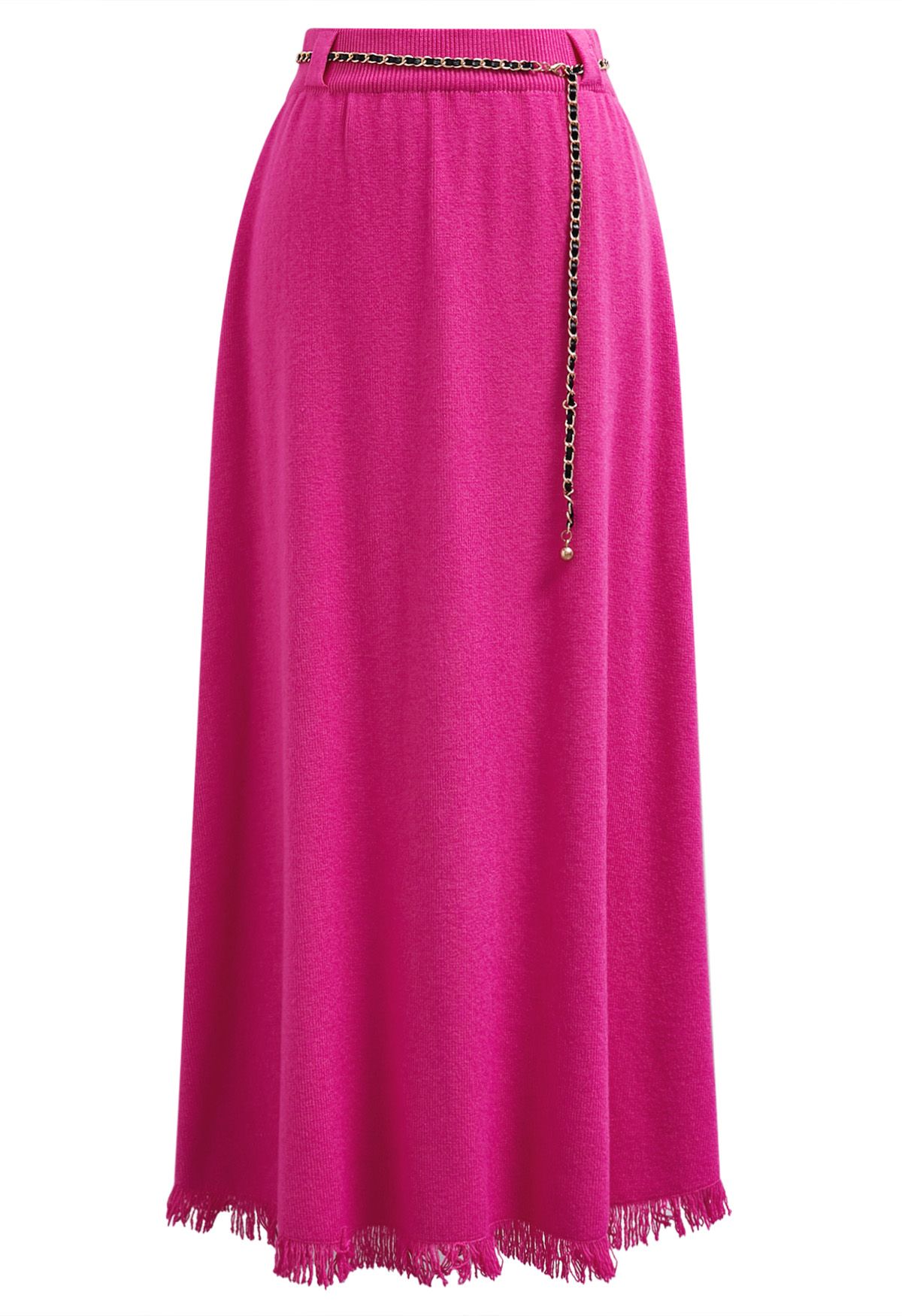 Chain Belt Fringe Hem Knit Maxi Skirt in Hot Pink