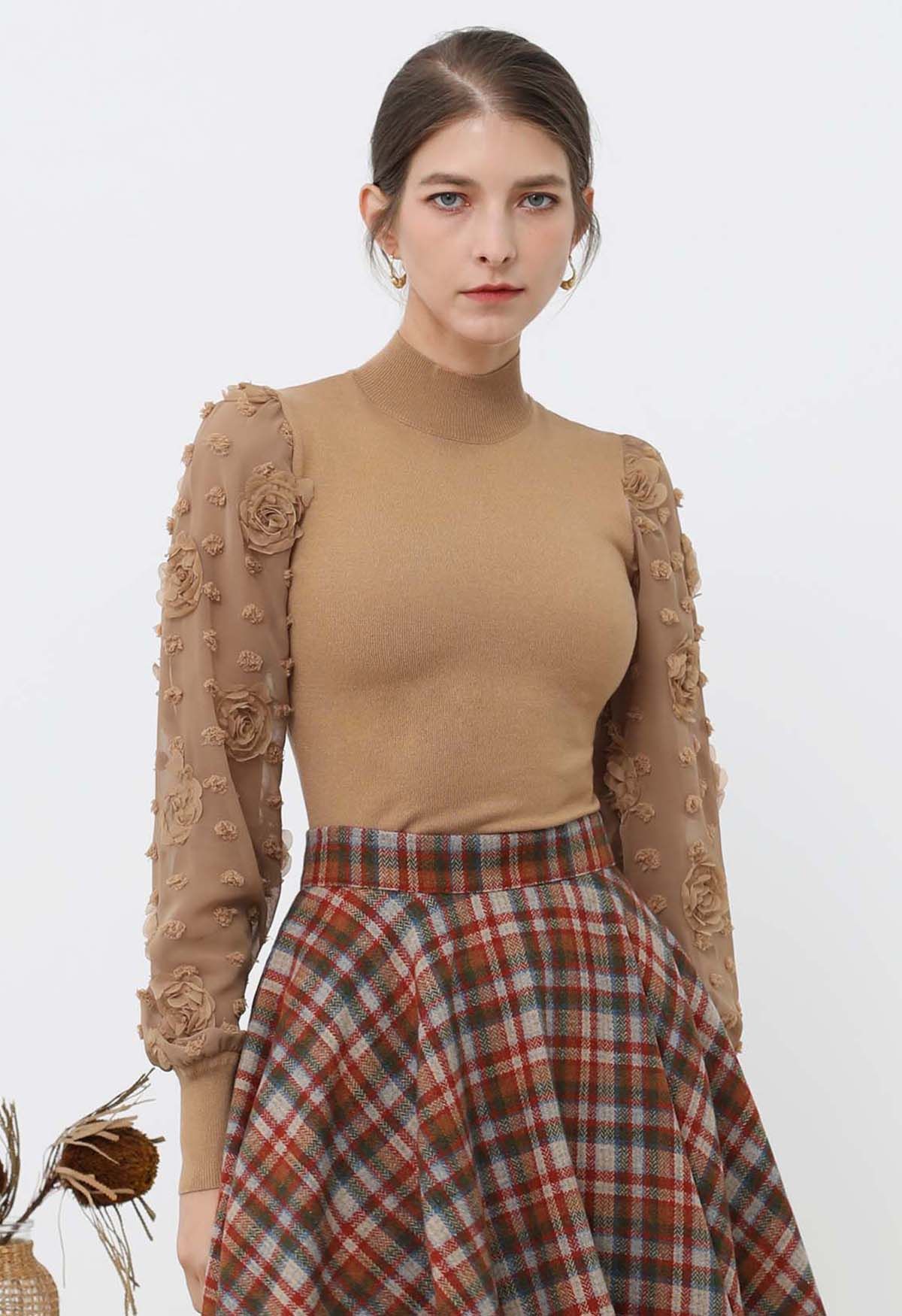 Rose Cotton Candy Spliced Sleeves Knit Top in Caramel