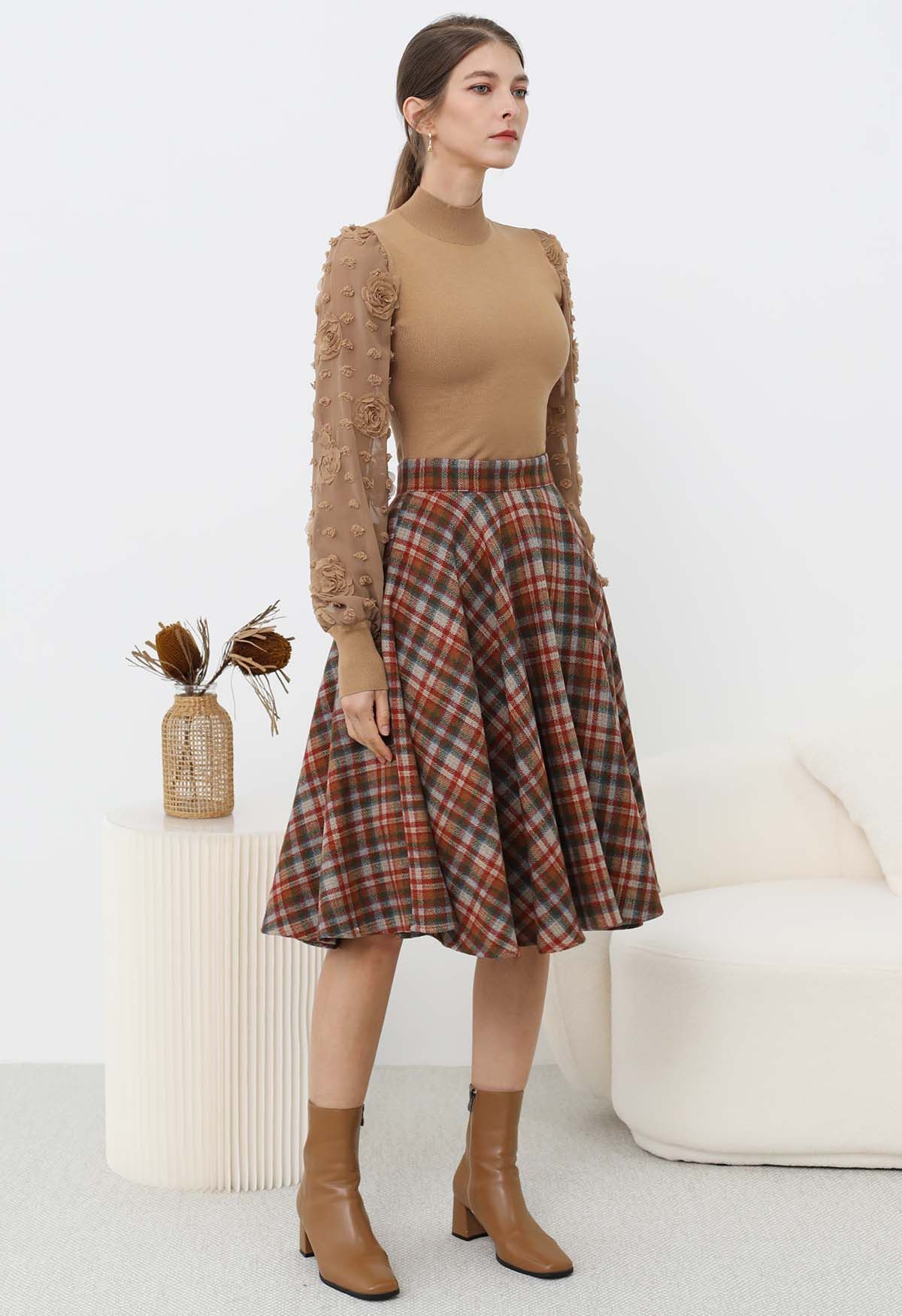 Effortless Plaid Pattern A-Line Skirt in Red