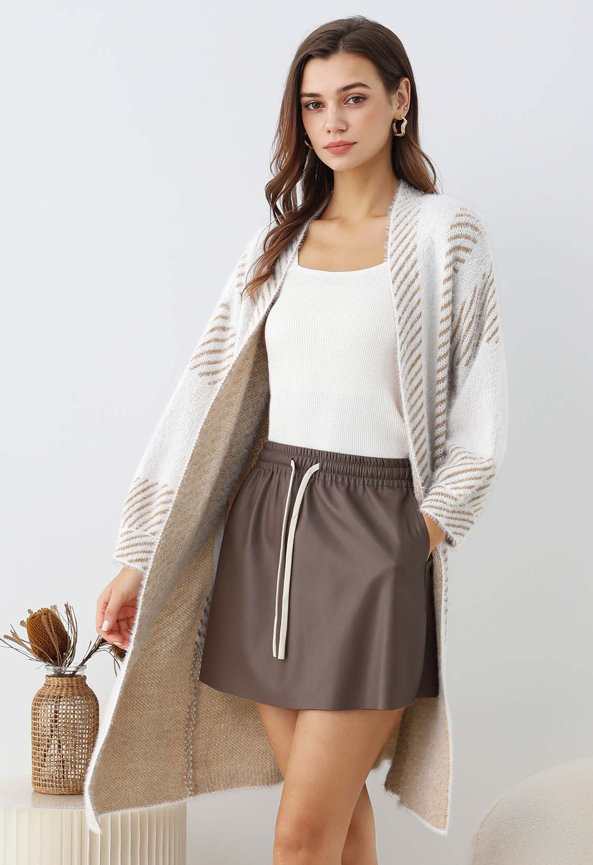 Faux Leather Drawstring Waist Mini Skirt in Brown