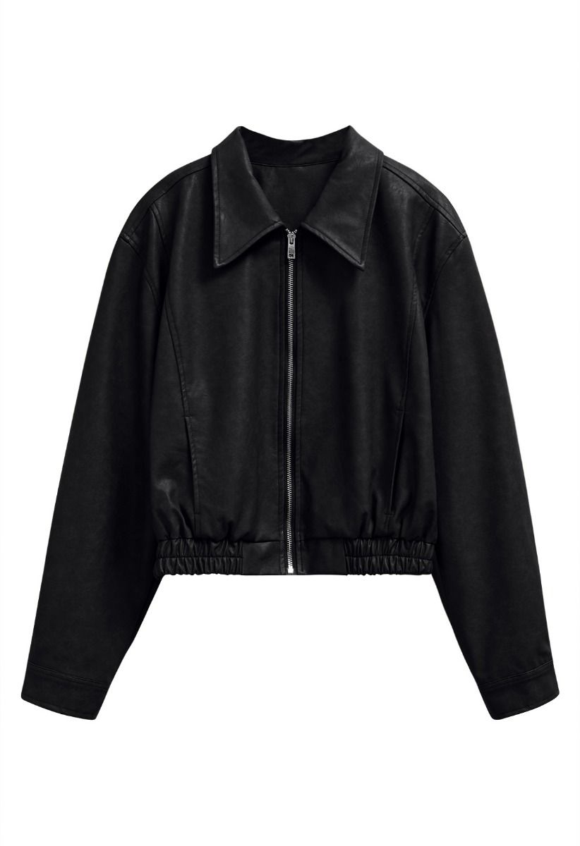 Point Collar Faux Leather Zipper Jacket in Black