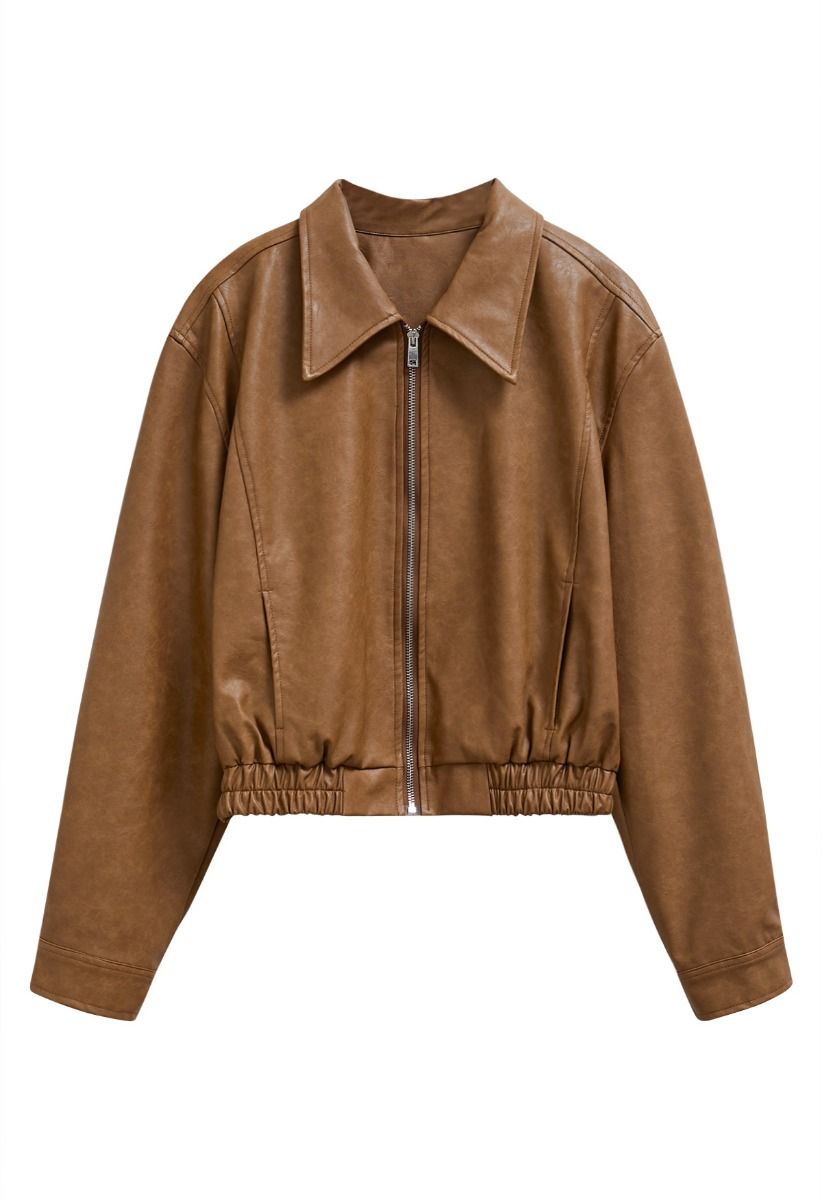 Point Collar Faux Leather Zipper Jacket in Caramel