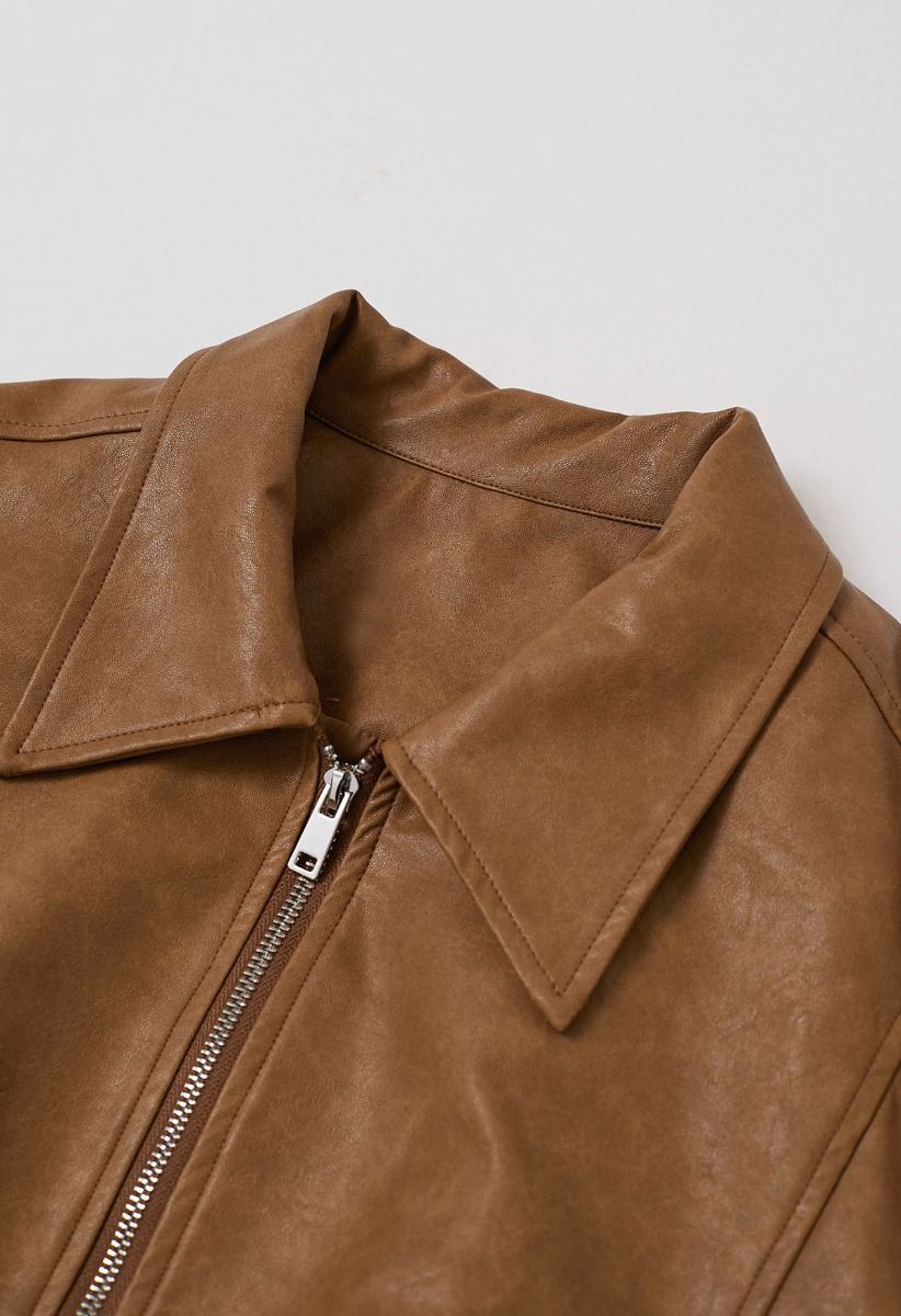 Point Collar Faux Leather Zipper Jacket in Caramel