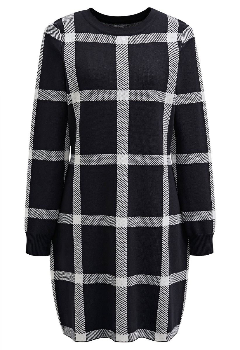 Fall Wear Check Pattern Sweater Dress in Black