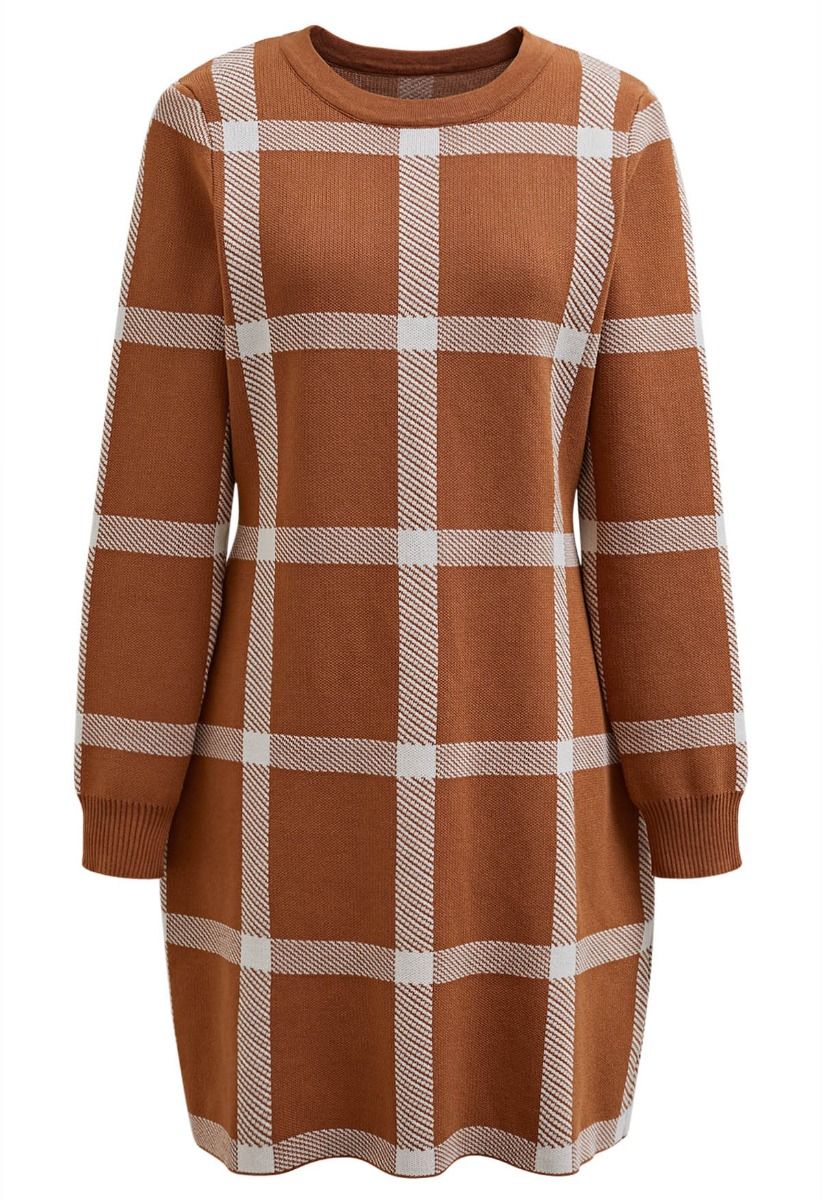 Fall Wear Check Pattern Sweater Dress in Pumpkin