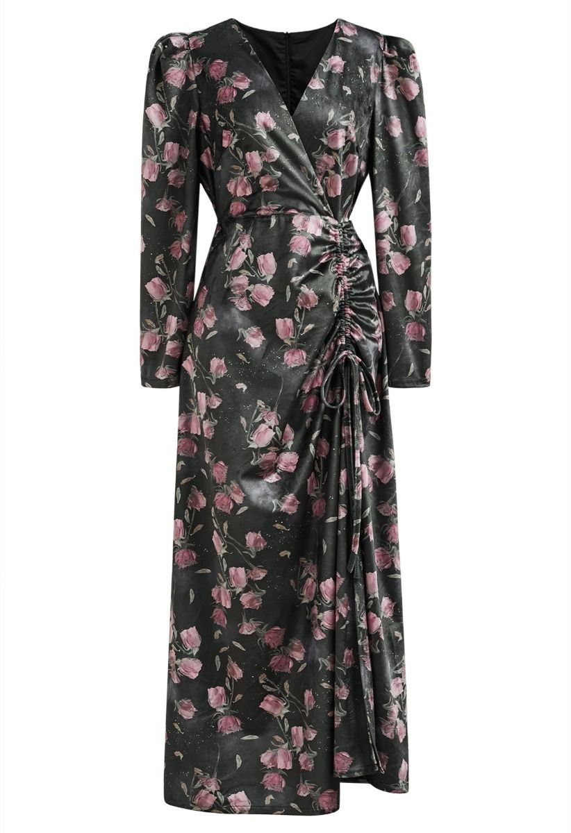 Rosy Elegance Drawstring Wrapped Velvet Maxi Dress in Smoke