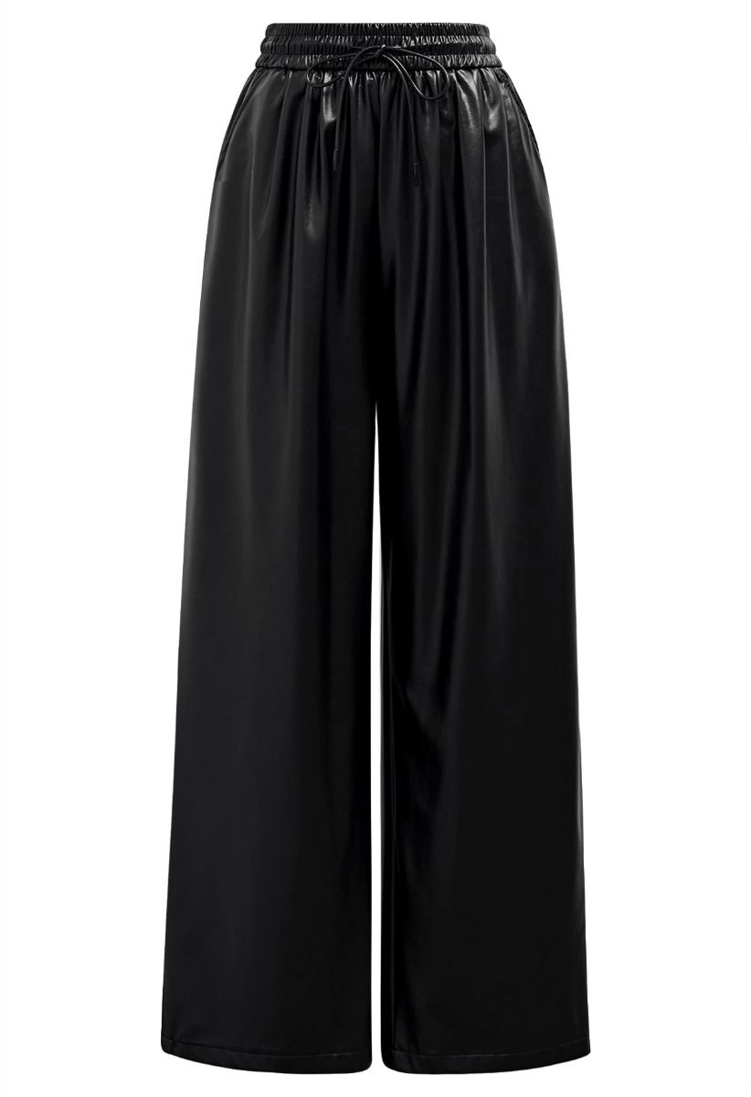 City Stroll Faux Leather Drawstring Pants in Black